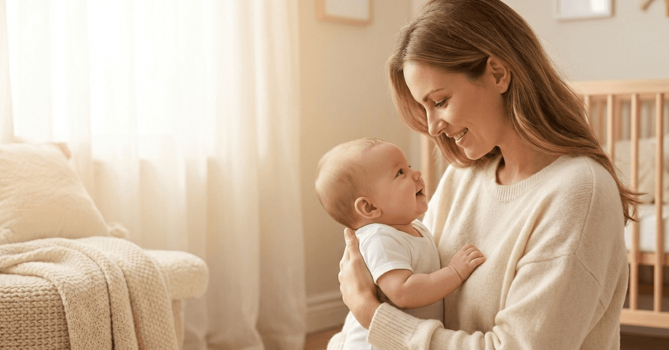 Mother smiling and holding her baby in a warm nursery