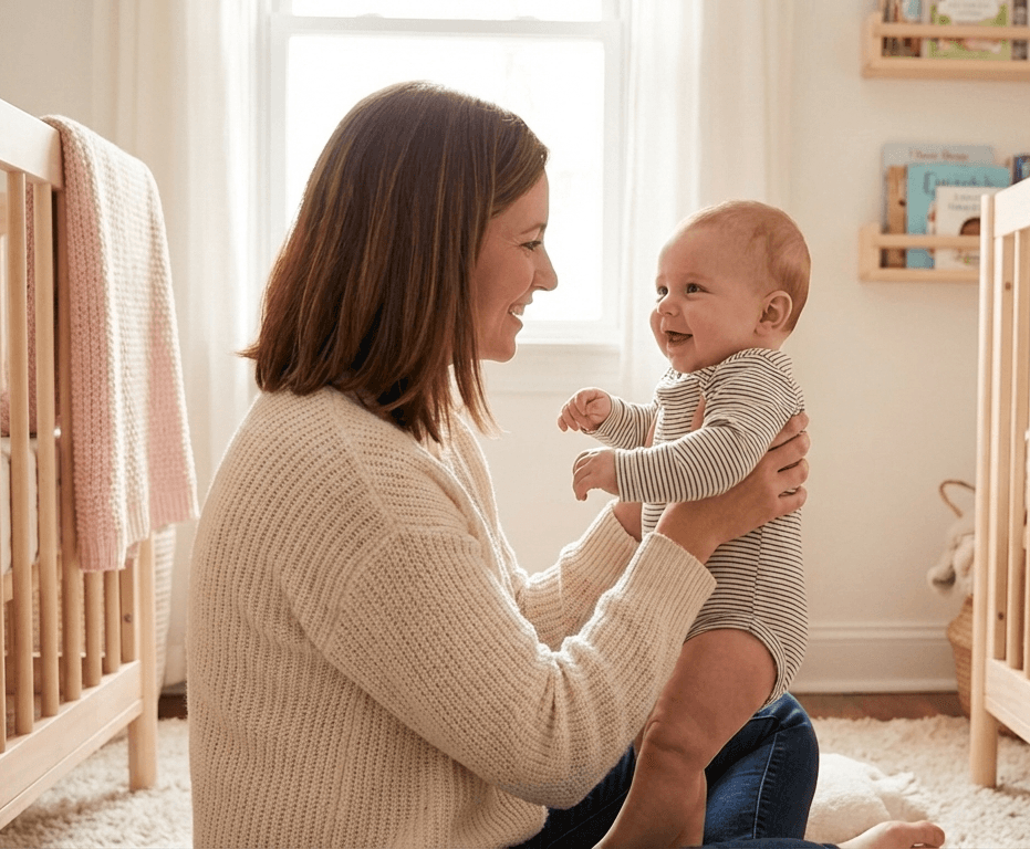 Mother playing with baby in nursery